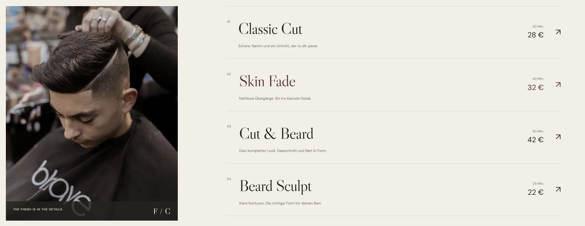 Leistungsübersicht von Filo’s Cut: Classic Cut, Skin Fade, Cut & Beard und Beard Sculpt mit Dauer und Preis, daneben eine Aufnahme aus dem Laden.