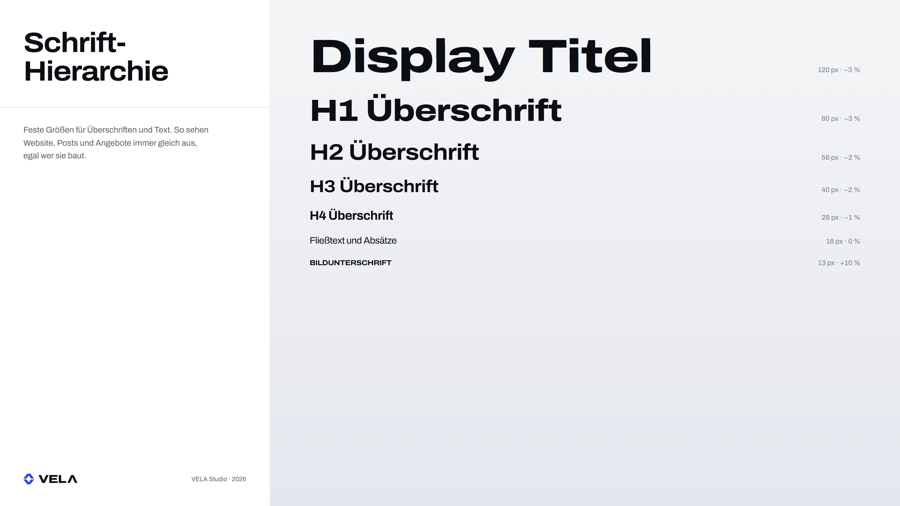 Marke VELA Studio: Schrift-Hierarchie